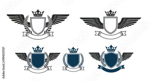 Heraldic Crests Set, Wings, Laurel Wreath, Crown, Shield, Emblem, Banner