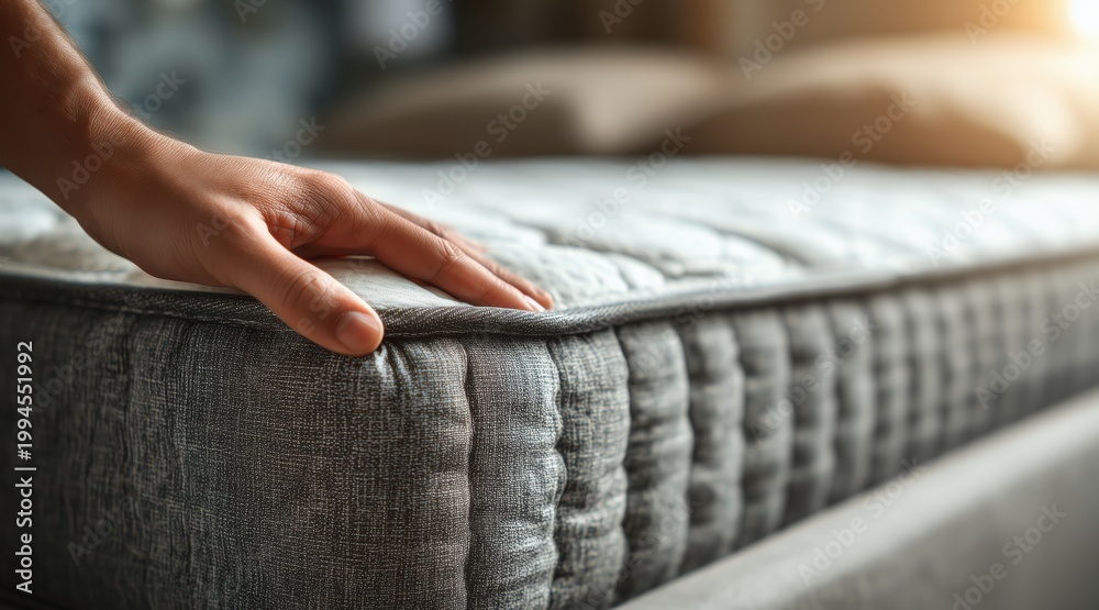 Fototapeta premium Close up of hand touching textured grey mattress corner in bedroom