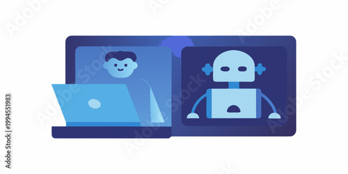 Human and robot communicating via video call on a laptop