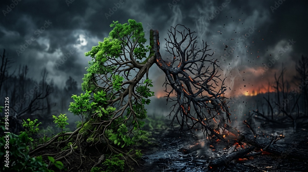 Fototapeta premium Human lungs made of tree branches, half green half burned, climate change concept, dark background, emotional impact