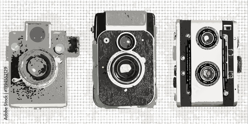 Vintage cameras arranged in a row on a grid background