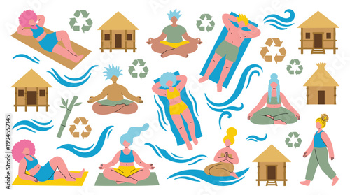 Diverse people practicing yoga meditation and relaxing by water near eco huts and recycling symbols