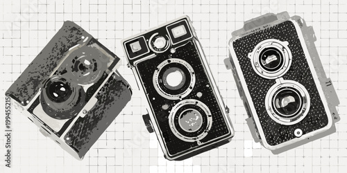 Three vintage twin lens reflex cameras displayed against a tiled background