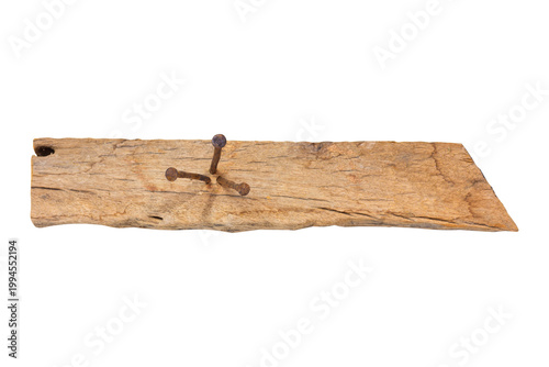 Old nails are hammered into the wood isolated on white background.