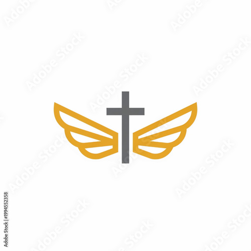 Winged cross icon with golden feather wings and a gray Christian cross symbol for faith and spirituality branding