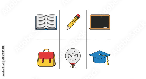 Educational icons and elements illustrated on a white background for learning purposes and