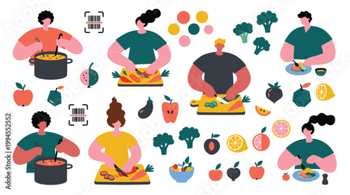 Diverse people cooking healthy food at home enjoying culinary activities and preparing fresh ingredients for meals