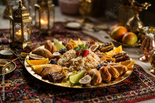 Traditional ramadan iftar platter with rice, dates, and fresh fruits