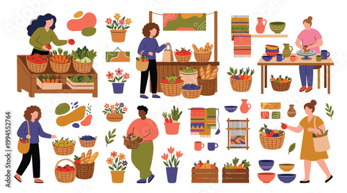 Diverse people shopping at a vibrant farmers market buying fresh produce and artisanal goods