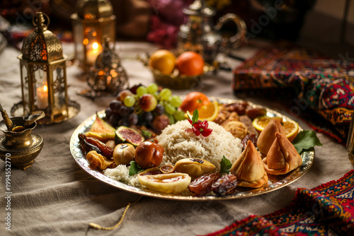 Traditional iftar meal served on a decorative platter for ramadan