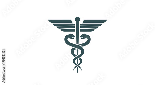 Medical symbol illustration featuring wings and intertwined serpents on a white background