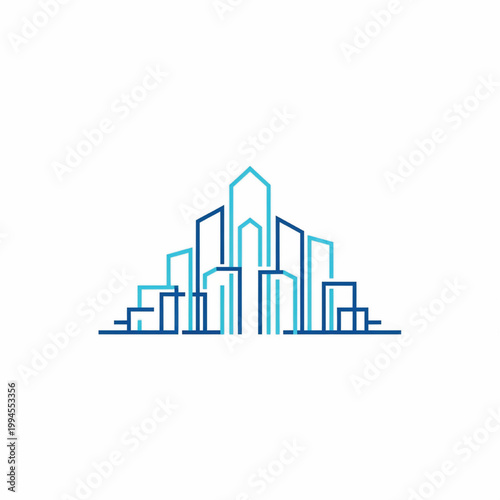 City skyline illustration with blue geometric skyscrapers and minimalist line art style for urban planning concepts