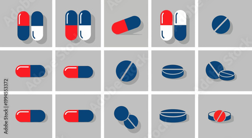 Graphic illustration of diverse capsules and pills in a grid layout, medical treatments concept