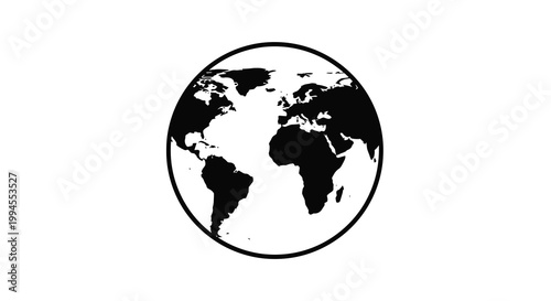 Simple black and white illustration of planet earth within a circular frame
