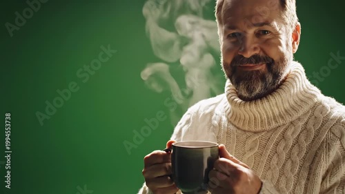 Smiling bearded man in cozy sweater holds steaming mug of hot drink. Mature male enjoying coffee on green background with copy space