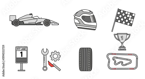 Collection of Racing and Motorsport Icons Car, Helmet, Flag, Trophy, Track, and Tools