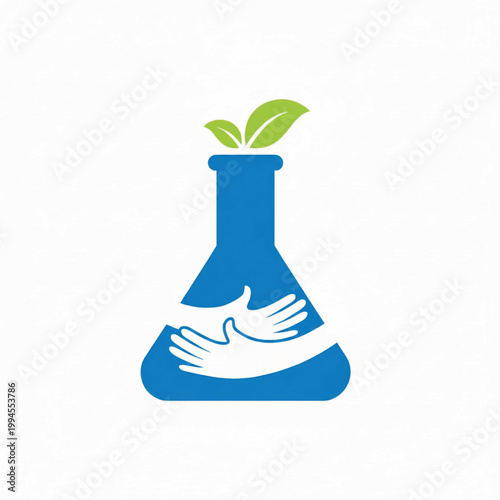Lab flask icon with blue glass, white liquid, and small green leaves symbolizing sustainable handmade science
