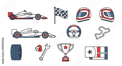 Collection of racing and motorsport icons including cars, helmets, trophies, and checkered flags