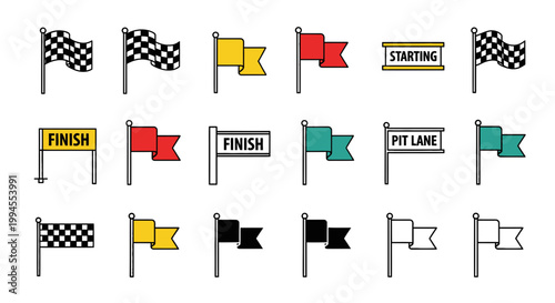 Set of checkered and colored flags for sports, competitions, and racing events, including finish and pit lane markers
