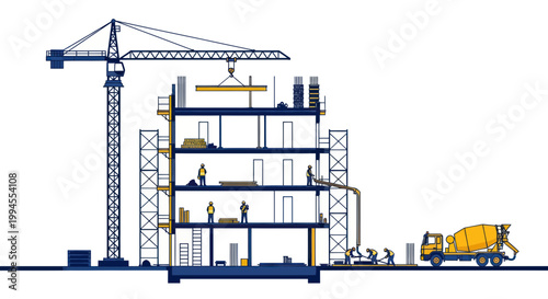 Construction Site with Crane, Building Under Development and Concrete Mixer Truck