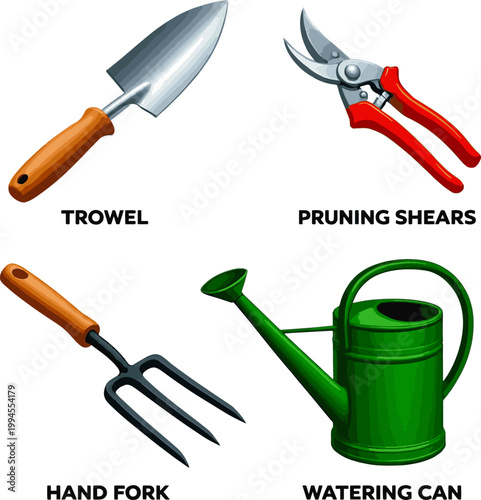 Create a realistic Vector set of gardening tools vector art with white background..