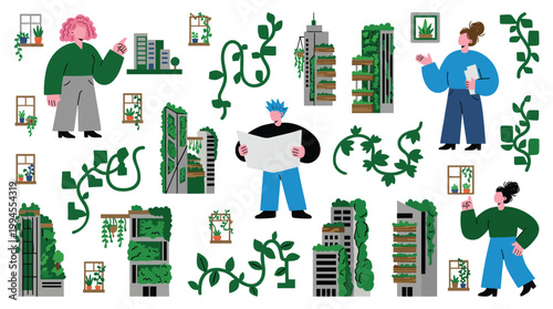 Green city concept with people and eco-friendly buildings featuring vertical gardens and plants