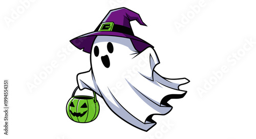 A ghost wearing a purple witch hat holds a green jack-o-lantern bucket on a white background