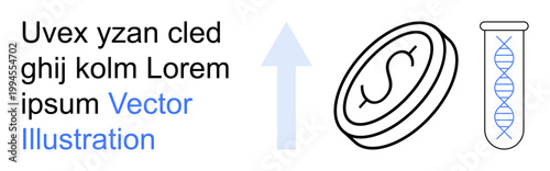 Biotechnology, financial growth, genetic research, innovation, science progress, investment potential. A coin, DNA strand in a test tube and arrow pointing upward. Biotechnology and financial growth