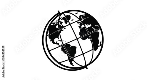 Black and white illustration of a globe within a circular frame