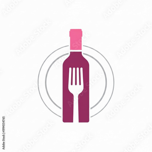 Fork and bottle icon with magenta accents and circular outline for restaurant branding and foodservice menus