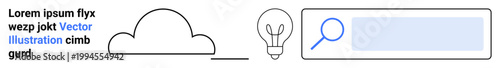 Innovation, creativity, technology, digital search, ideas, cloud computing. Stylized cloud, glowing lightbulb and search bar illustration. Innovation and creativity concept idea generation