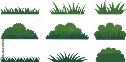 Minimalist grass and hedge illustration set featuring decorative lawn blades shrubs and bush shapes in clean grid layout