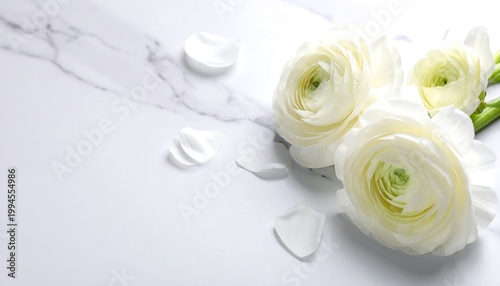 White Ranunculus Flowers on Marble Surface.