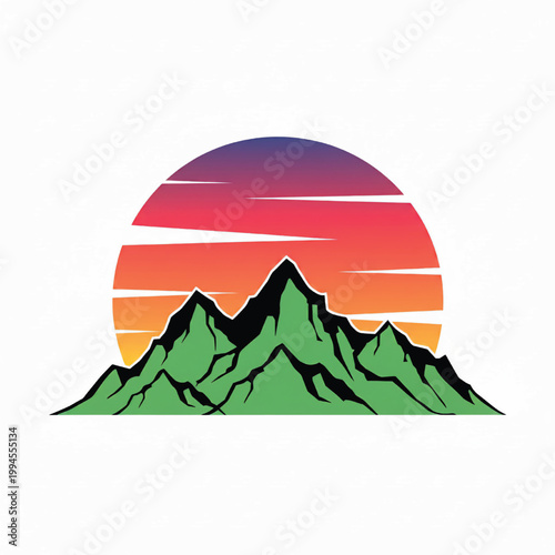 Mountain landscape artwork with green peaks under a red sunset gradient sky, featuring sunrise stripes