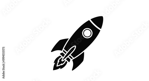A simplified black silhouette of a rocket ship in flight