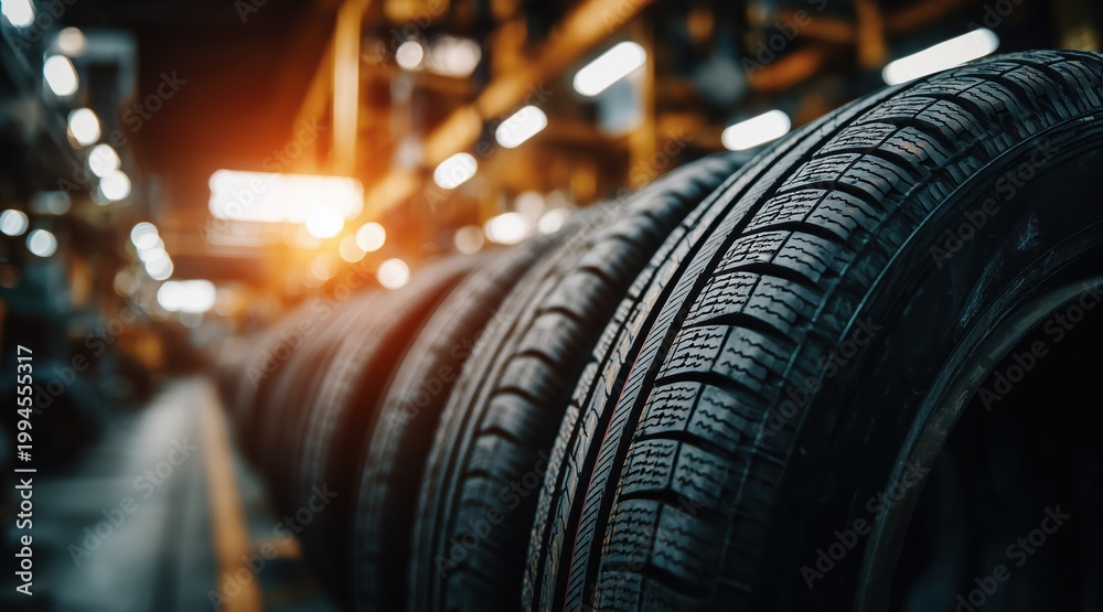 Fototapeta premium Row of new car tires in industrial warehouse with bright lights