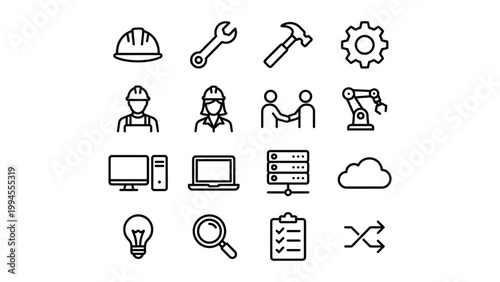 Set of hand-drawn industrial and work icons including construction tools technology symbols with robot arm magnifying glass industry construction computer lightbulb clipboard automation