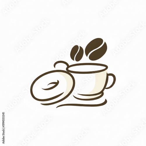 Coffee cup icon with oval steam and bean swirl line art for handmade kitchen branding featuring aroma, hot drink, beverage with doodle and minimalist