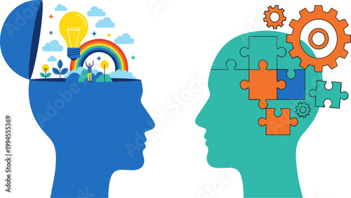 Tableau sur toile Creative thinking and problem solving concept with human head silhouettes, color