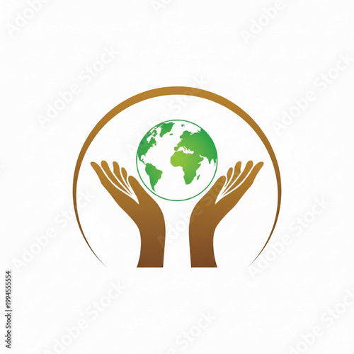 Hands holding a green globe inside a circular frame symbolizing global care, sustainability, and world unity