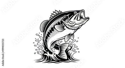 фотографія Leaping Largemouth Bass Fishing Illustration, Dynamic Water Splash