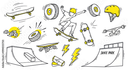 Skateboarding Elements: Skater, Skateboards, Ramps, Wheels, Helmet, Lightning Bolts