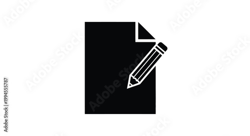 Simple black icon depicting a pencil over a sheet of paper