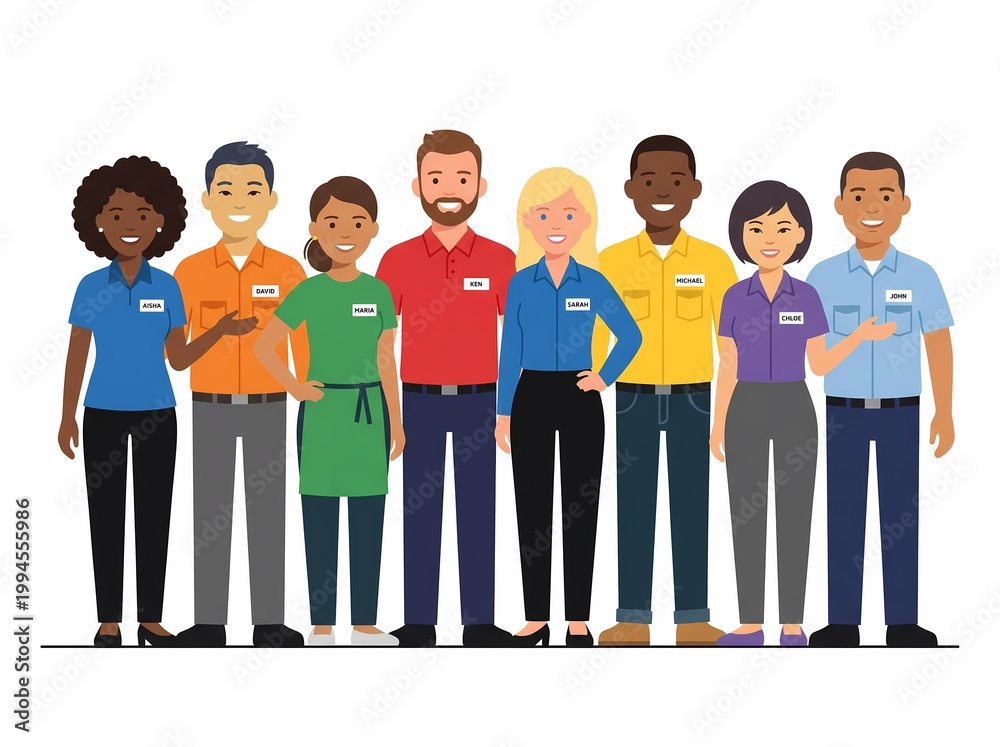 Fototapeta premium Diverse Group of Service Workers Standing Together in Uniform Flat Vector Illustration.