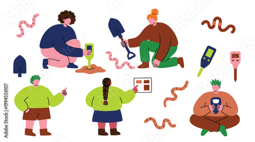 Diverse people engage in soil science and gardening with tools and earthworms, promoting environmental education and sustainable agriculture.