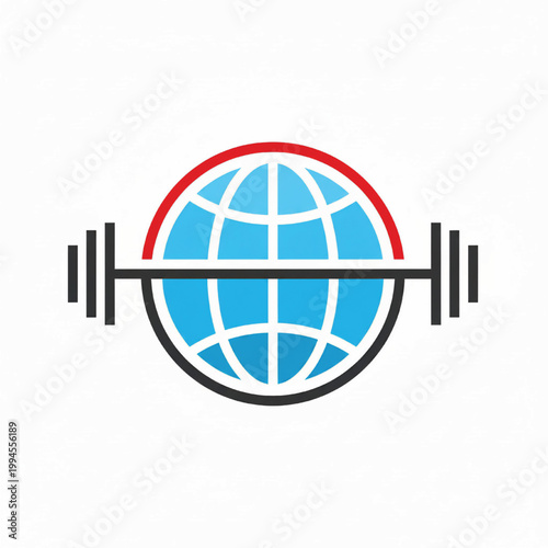 Globe barbell logo with blue grid sphere and red arc outline for fitness strength branding featuring weightlifting, health, athletics with power and