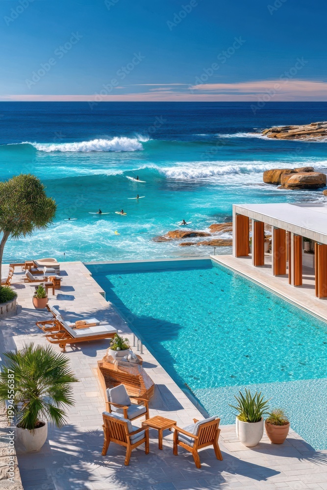 Fototapeta premium Luxurious oceanfront pool terrace overlooking surfers, turquoise sea and rocky coastline at a sunny resort
