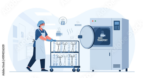 Healthcare worker sterilizing medical instruments in an autoclave, medical equipment transport