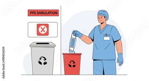 Healthcare worker properly disposes of PPE, including mask, in designated bin