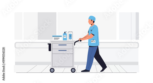 Healthcare worker pushing a medical cart in a hospital corridor